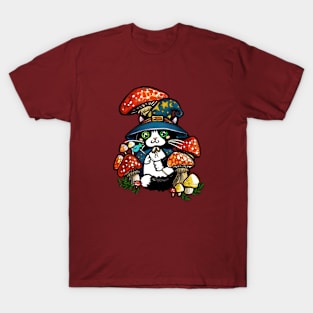 Adorable and Mystical Kitty Cat Wizard Sitting in some Mushrooms T-Shirt